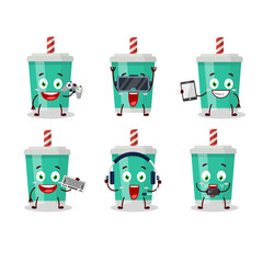 Soda bottle cartoon character are playing games with various cute emoticons