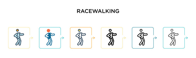 Racewalking vector icon in 6 different modern styles. Black, two colored racewalking icons designed in filled, outline, line and stroke style. Vector illustration can be used for web, mobile, ui