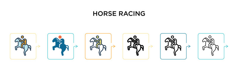 Horse racing vector icon in 6 different modern styles. Black, two colored horse racing icons designed in filled, outline, line and stroke style. Vector illustration can be used for web, mobile, ui