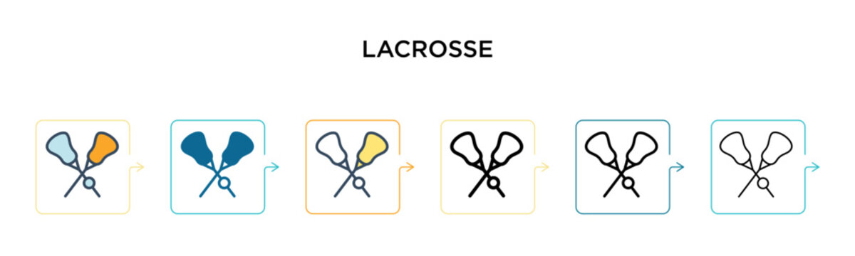Lacrosse vector icon in 6 different modern styles. Black, two colored lacrosse icons designed in filled, outline, line and stroke style. Vector illustration can be used for web, mobile, ui