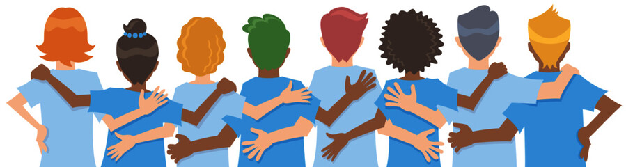 Diverse people arms around each other's shoulders from behind. Concept of teamwork or friendship. Vector illustration in flat cartoon style. 