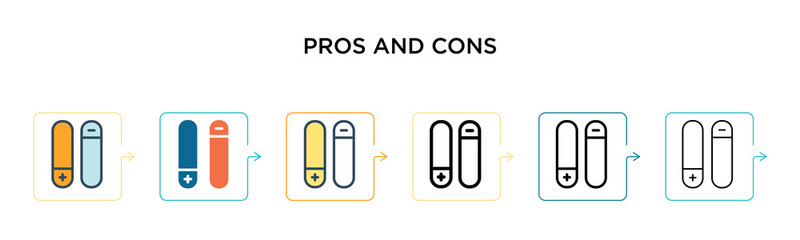 Pros and cons vector icon in 6 different modern styles. Black, two colored pros and cons icons designed in filled, outline, line and stroke style. Vector illustration can be used for web, mobile, ui
