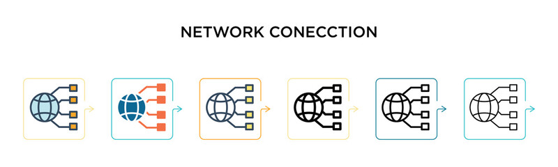 Network conecction vector icon in 6 different modern styles. Black, two colored network conecction icons designed in filled, outline, line and stroke style. Vector illustration can be used for web,