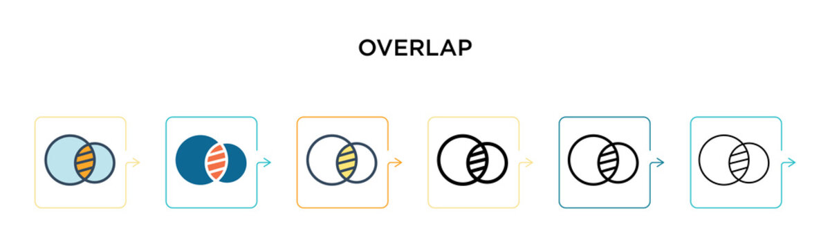 Overlap vector icon in 6 different modern styles. Black, two colored overlap icons designed in filled, outline, line and stroke style. Vector illustration can be used for web, mobile, ui