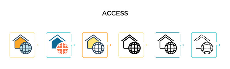 Access vector icon in 6 different modern styles. Black, two colored access icons designed in filled, outline, line and stroke style. Vector illustration can be used for web, mobile, ui