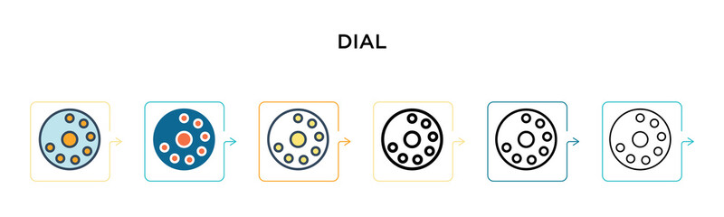 Dial vector icon in 6 different modern styles. Black, two colored dial icons designed in filled, outline, line and stroke style. Vector illustration can be used for web, mobile, ui