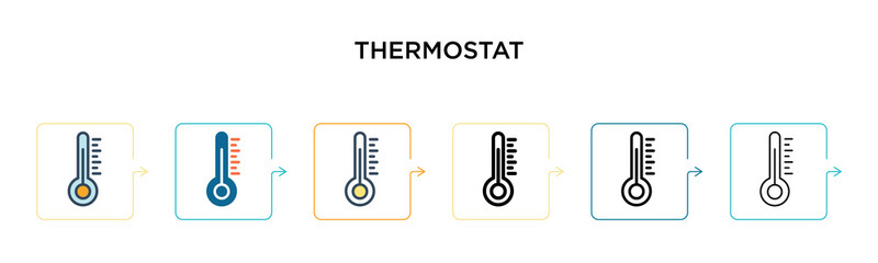 Thermostat vector icon in 6 different modern styles. Black, two colored thermostat icons designed in filled, outline, line and stroke style. Vector illustration can be used for web, mobile, ui