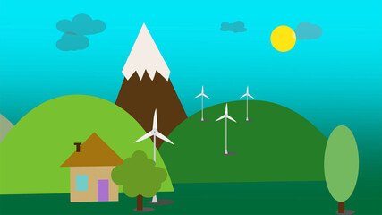 flat style illustration of wind energy farm giving sustainable electricity.