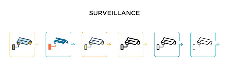 Surveillance vector icon in 6 different modern styles. Black, two colored surveillance icons designed in filled, outline, line and stroke style. Vector illustration can be used for web, mobile, ui