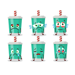 Soda bottle cartoon character with sad expression