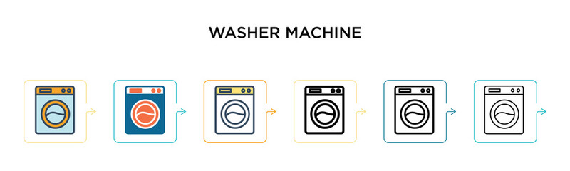 Washer machine vector icon in 6 different modern styles. Black, two colored washer machine icons designed in filled, outline, line and stroke style. Vector illustration can be used for web, mobile, ui