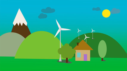 2D graphics of a wind farm in mountain green village with clouds floting on the sky.