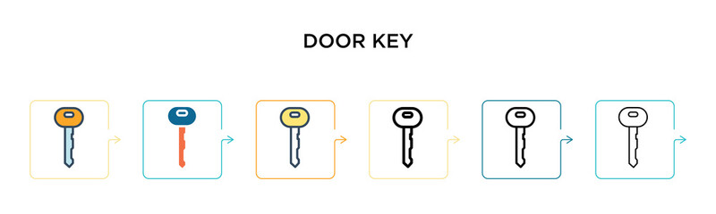 Door key vector icon in 6 different modern styles. Black, two colored door key icons designed in filled, outline, line and stroke style. Vector illustration can be used for web, mobile, ui