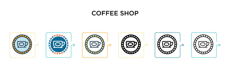 Coffee shop vector icon in 6 different modern styles. Black, two colored coffee shop icons designed in filled, outline, line and stroke style. Vector illustration can be used for web, mobile, ui