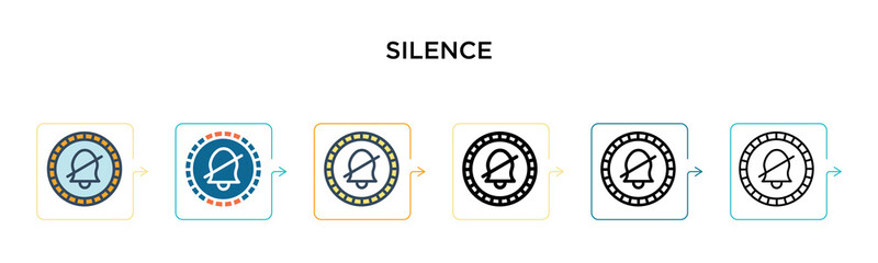 Silence vector icon in 6 different modern styles. Black, two colored silence icons designed in filled, outline, line and stroke style. Vector illustration can be used for web, mobile, ui