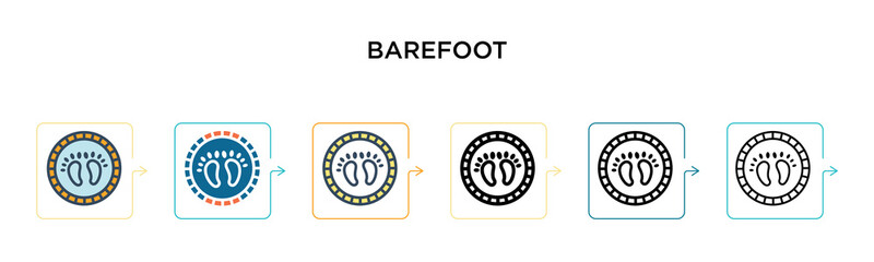 Barefoot vector icon in 6 different modern styles. Black, two colored barefoot icons designed in filled, outline, line and stroke style. Vector illustration can be used for web, mobile, ui