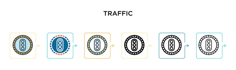 Traffic signal vector icon in 6 different modern styles. Black, two colored traffic signal icons designed in filled, outline, line and stroke style. Vector illustration can be used for web, mobile, ui