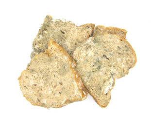 Green mold on an old slice of bread. Cannot be eaten as food on a white background.
