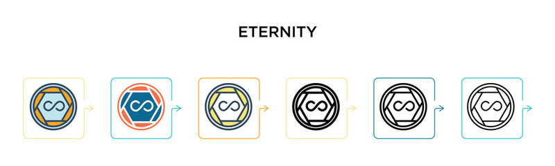 Eternity vector icon in 6 different modern styles. Black, two colored eternity icons designed in filled, outline, line and stroke style. Vector illustration can be used for web, mobile, ui