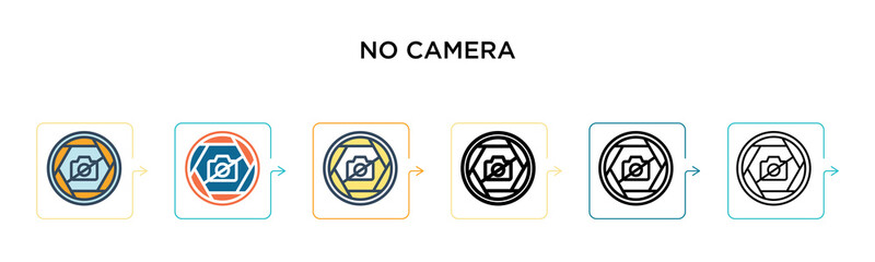 No camera vector icon in 6 different modern styles. Black, two colored no camera icons designed in filled, outline, line and stroke style. Vector illustration can be used for web, mobile, ui