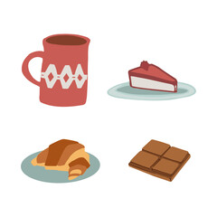 Collection of Hand drawn coffee mug and sweets: chocolate, piece of cake and croissant. Cute vector tea cup and desserts set. Design element for pattern, print, stickers, poster, website, social media