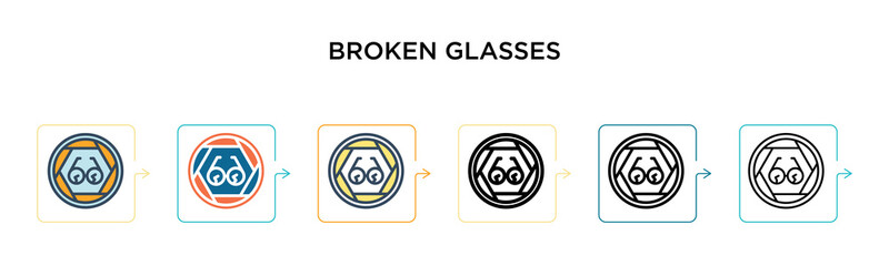 Broken glasses vector icon in 6 different modern styles. Black, two colored broken glasses icons designed in filled, outline, line and stroke style. Vector illustration can be used for web, mobile, ui