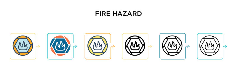Fire hazard sign vector icon in 6 different modern styles. Black, two colored fire hazard sign icons designed in filled, outline, line and stroke style. Vector illustration can be used for web,
