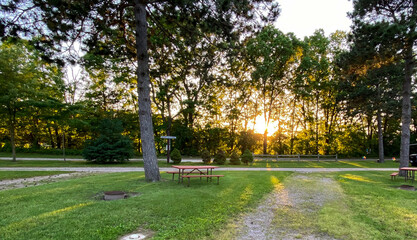 RV campsite with hook-up at sunset in the woods