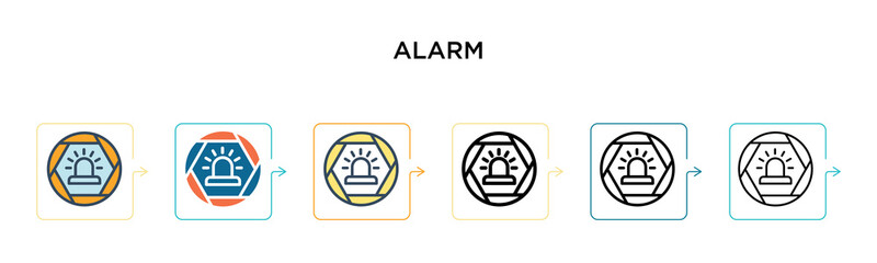 Alarm sign vector icon in 6 different modern styles. Black, two colored alarm sign icons designed in filled, outline, line and stroke style. Vector illustration can be used for web, mobile, ui