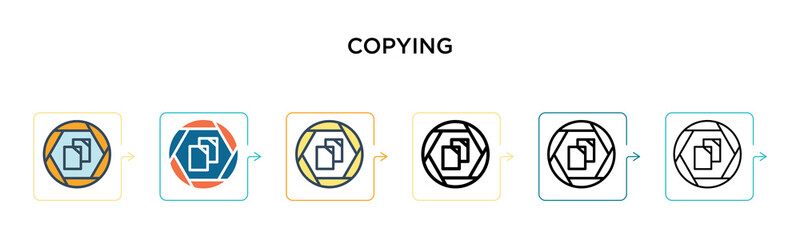 Copying vector icon in 6 different modern styles. Black, two colored copying icons designed in filled, outline, line and stroke style. Vector illustration can be used for web, mobile, ui