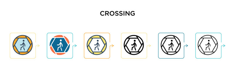 Crossing vector icon in 6 different modern styles. Black, two colored crossing icons designed in filled, outline, line and stroke style. Vector illustration can be used for web, mobile, ui