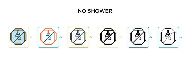 No shower vector icon in 6 different modern styles. Black, two colored no shower icons designed in filled, outline, line and stroke style. Vector illustration can be used for web, mobile, ui