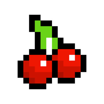 8 bit Pixel cherry image. Fruit in Vector Illustration of pixel art.