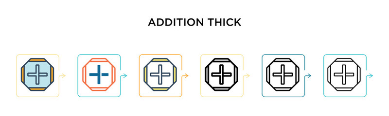 Addition thick vector icon in 6 different modern styles. Black, two colored addition thick icons designed in filled, outline, line and stroke style. Vector illustration can be used for web, mobile, ui