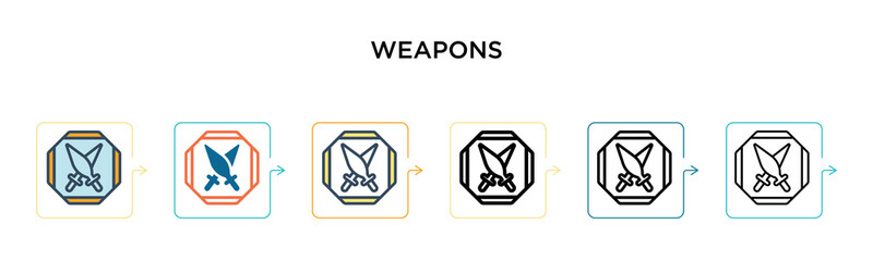 Weapons vector icon in 6 different modern styles. Black, two colored weapons icons designed in filled, outline, line and stroke style. Vector illustration can be used for web, mobile, ui