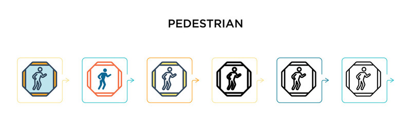Pedestrian vector icon in 6 different modern styles. Black, two colored pedestrian icons designed in filled, outline, line and stroke style. Vector illustration can be used for web, mobile, ui