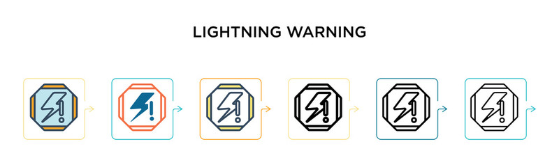 Lightning warning vector icon in 6 different modern styles. Black, two colored lightning warning icons designed in filled, outline, line and stroke style. Vector illustration can be used for web,