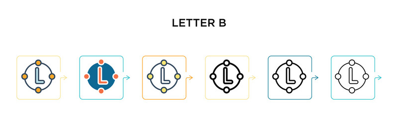 Letter b vector icon in 6 different modern styles. Black, two colored letter b icons designed in filled, outline, line and stroke style. Vector illustration can be used for web, mobile, ui