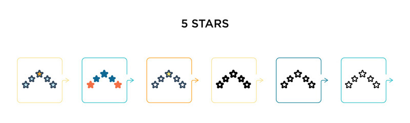 Fototapeta premium 5 stars vector icon in 6 different modern styles. Black, two colored 5 stars icons designed in filled, outline, line and stroke style. Vector illustration can be used for web, mobile, ui