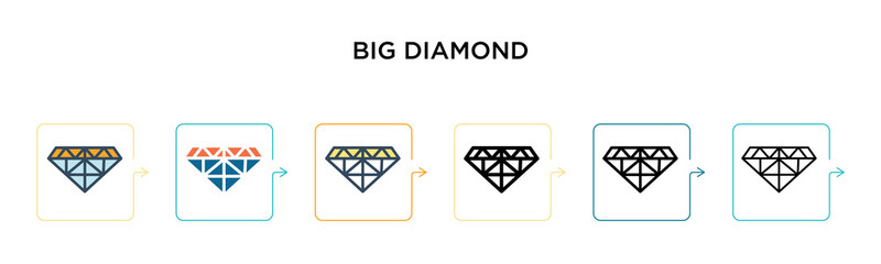 Big diamond vector icon in 6 different modern styles. Black, two colored big diamond icons designed in filled, outline, line and stroke style. Vector illustration can be used for web, mobile, ui