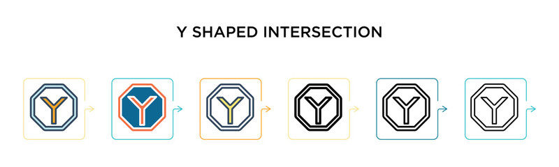 Y shaped intersection vector icon in 6 different modern styles. Black, two colored y shaped intersection icons designed in filled, outline, line and stroke style. Vector illustration can be used for