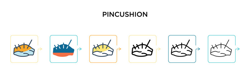 Pincushion vector icon in 6 different modern styles. Black, two colored pincushion icons designed in filled, outline, line and stroke style. Vector illustration can be used for web, mobile, ui