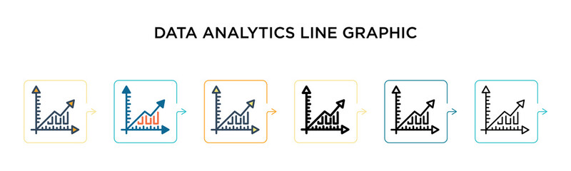 Data analytics line graphic vector icon in 6 different modern styles. Black, two colored data analytics line graphic icons designed in filled, outline, line and stroke style. Vector illustration can