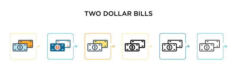 Two dollar bills vector icon in 6 different modern styles. Black, two colored two dollar bills icons designed in filled, outline, line and stroke style. Vector illustration can be used for web,