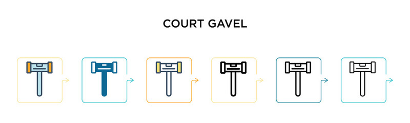 Court gavel vector icon in 6 different modern styles. Black, two colored court gavel icons designed in filled, outline, line and stroke style. Vector illustration can be used for web, mobile, ui