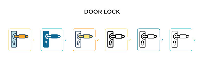 Door lock vector icon in 6 different modern styles. Black, two colored door lock icons designed in filled, outline, line and stroke style. Vector illustration can be used for web, mobile, ui