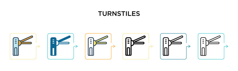 Turnstiles vector icon in 6 different modern styles. Black, two colored turnstiles icons designed in filled, outline, line and stroke style. Vector illustration can be used for web, mobile, ui