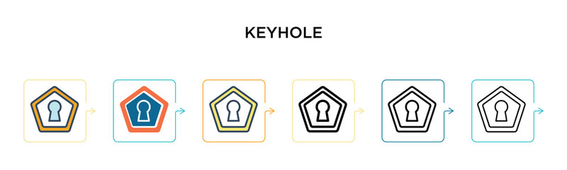 Keyhole vector icon in 6 different modern styles. Black, two colored keyhole icons designed in filled, outline, line and stroke style. Vector illustration can be used for web, mobile, ui