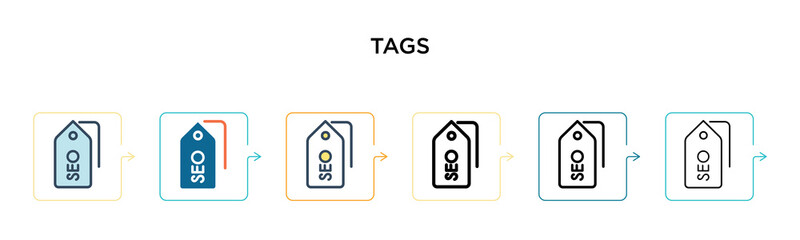 Tags vector icon in 6 different modern styles. Black, two colored tags icons designed in filled, outline, line and stroke style. Vector illustration can be used for web, mobile, ui