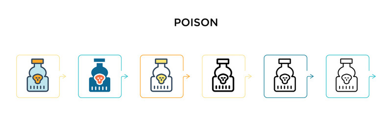 Poison vector icon in 6 different modern styles. Black, two colored poison icons designed in filled, outline, line and stroke style. Vector illustration can be used for web, mobile, ui